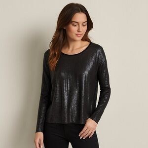 Zara Black Metallic Sheer Long Sleeve Top Raw Hem Stretchy Shimmery Size M